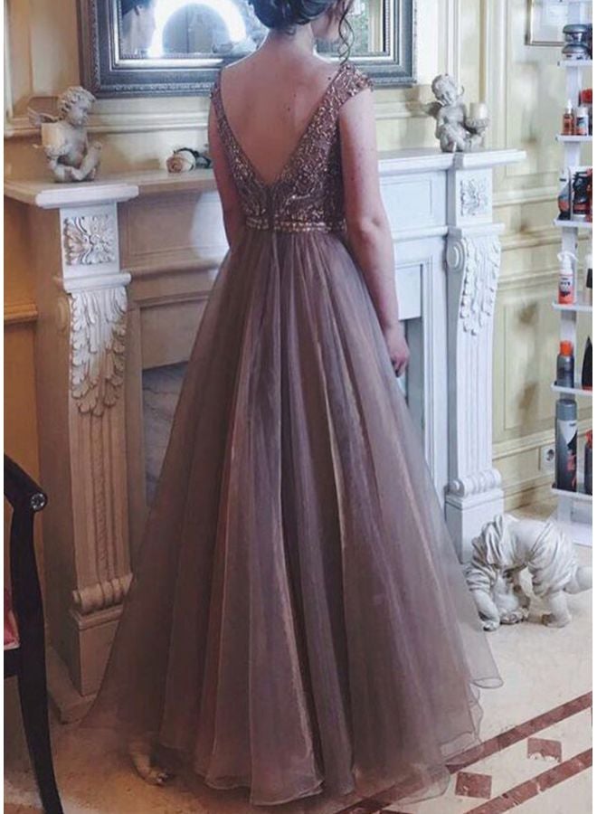 Off-Shoulder Evening Dress Beige  - Image 2