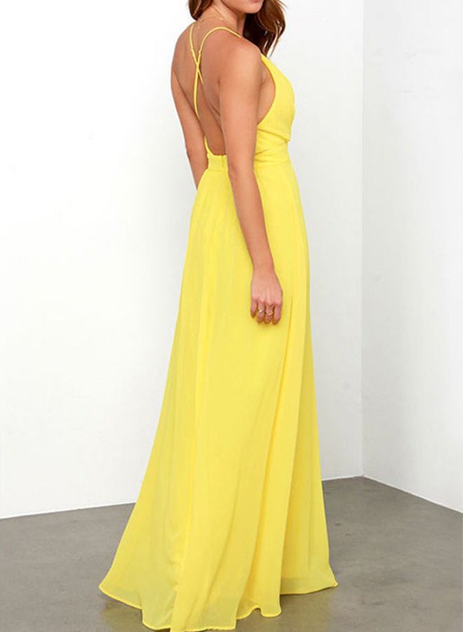 Deep V-Neck Backless Dress Yellow - Image 4