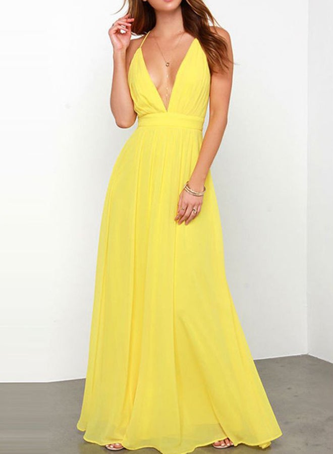 Deep V-Neck Backless Dress Yellow - Image 5