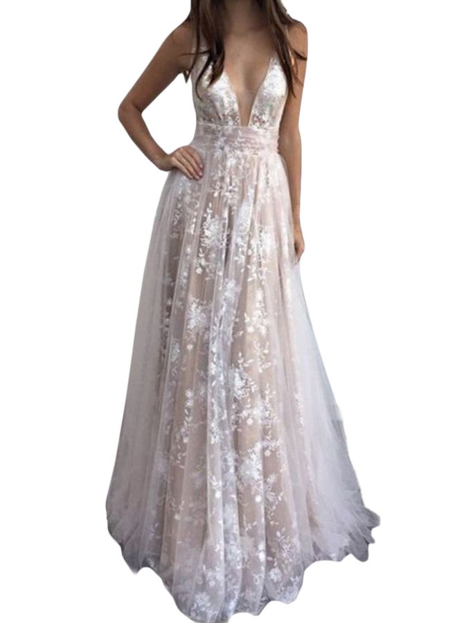 Plunge Neck Maxi Dress Beige - Image 1