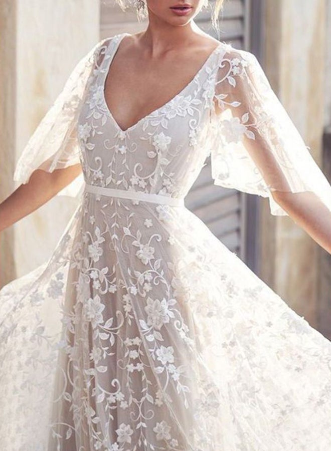 Plunge Neck Maxi Dress White - Image 5