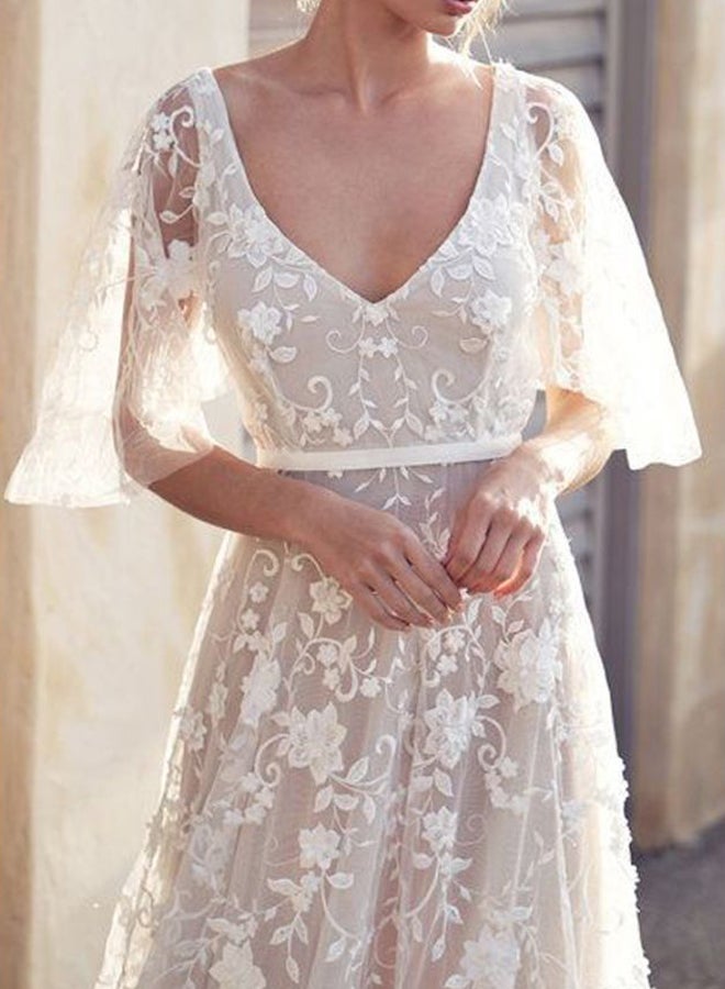 Plunge Neck Maxi Dress White - Image 4