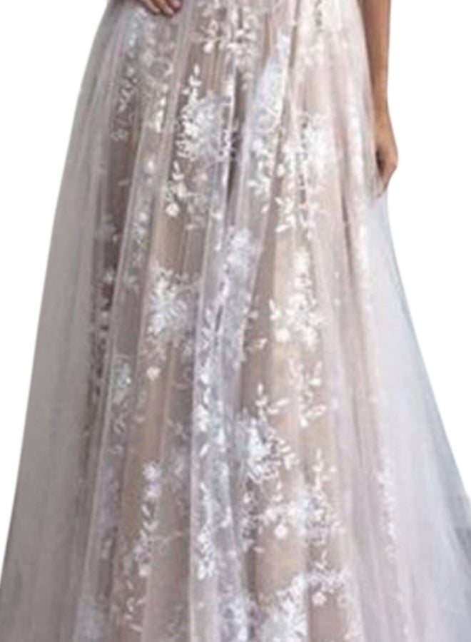 Plunge Neck Maxi Dress Beige - Image 3