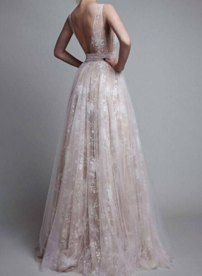 Plunge Neck Maxi Dress Beige - Image 2