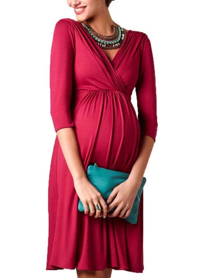 V-Neck Maternity Dress Burgundy - Image 1