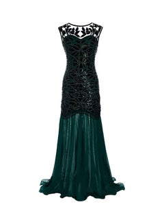 Generic Ruffles Hem Sequined Gown Dress Dark Green/Black  - Image 1