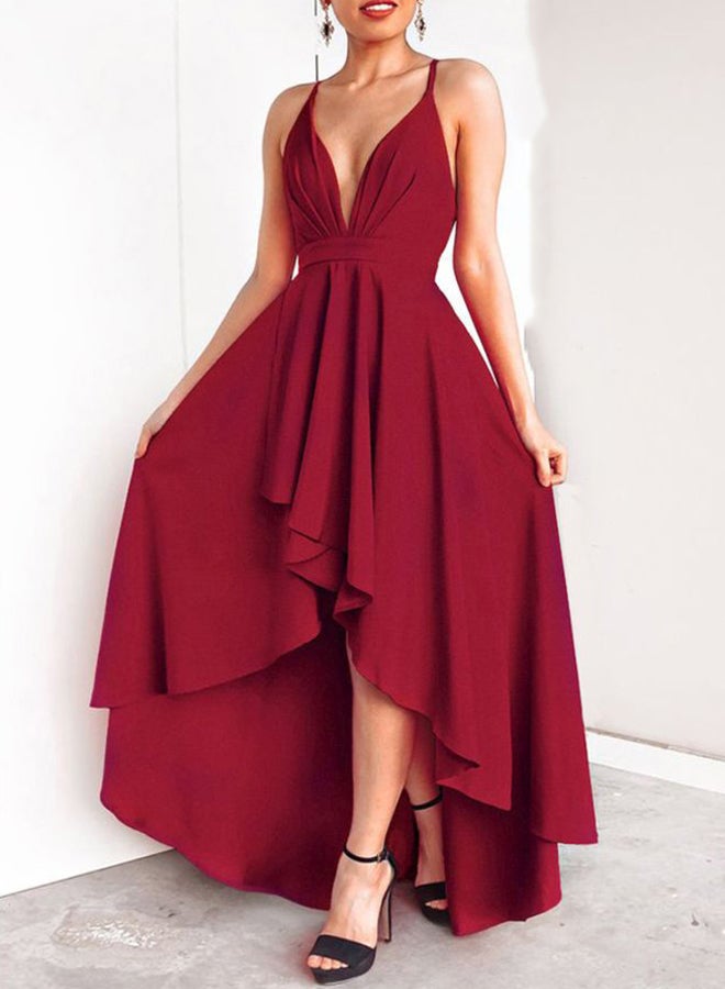 Plunge Neck Sling Dress Burgundy - Image 1