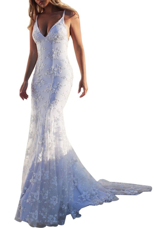 V-Neck Sling Maxi Dress White  - Image 1