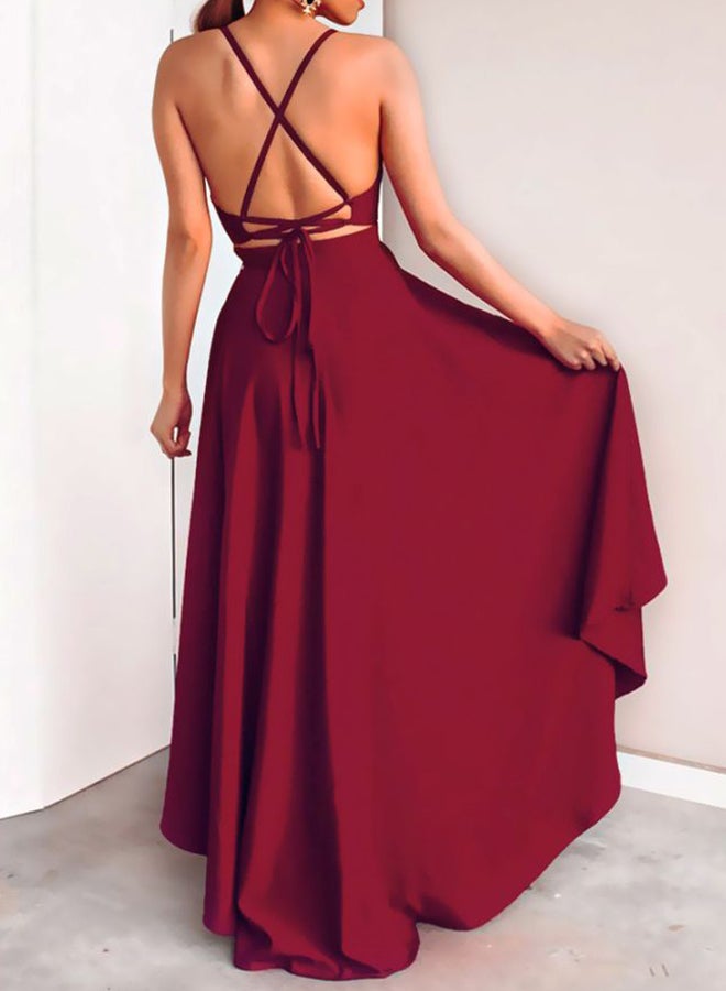 Plunge Neck Sling Dress Burgundy - Image 2