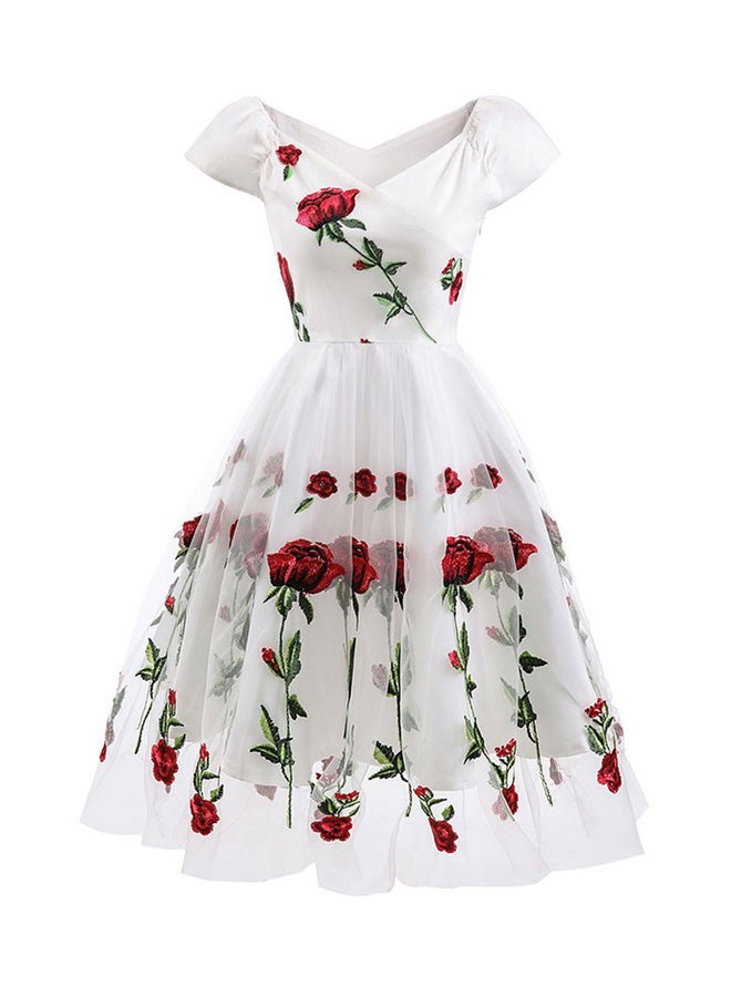 Floral Embroidered Midi Dress White/Red/Green  - Image 1