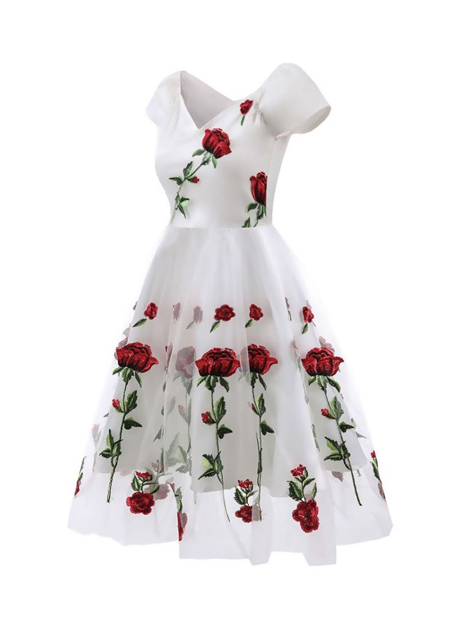 Floral Embroidered Midi Dress White/Red/Green  - Image 2