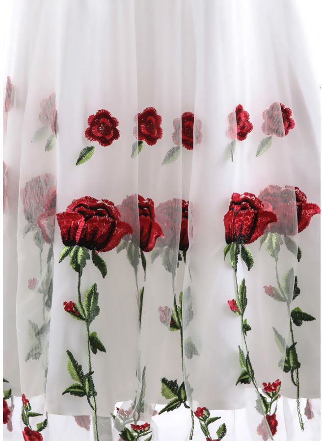 Floral Embroidered Midi Dress White/Red/Green  - Image 4