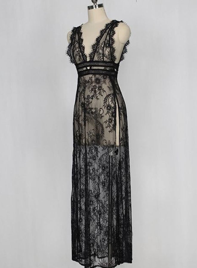 Sheer Lace Detail Maxi Dress Black - Image 4