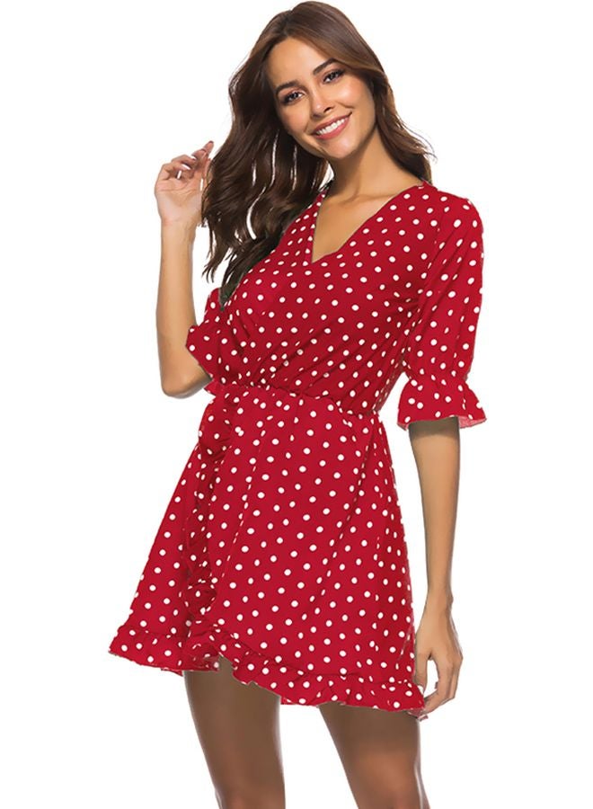 V-Neck Polka Dot Ruffles Dress Red/White - Image 1