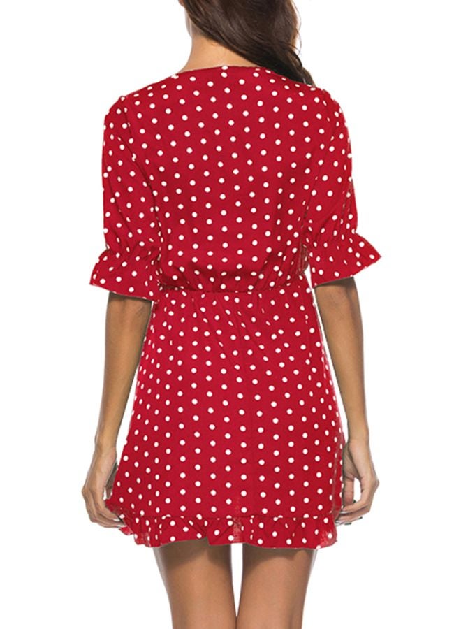 V-Neck Polka Dot Ruffles Dress Red/White - Image 2
