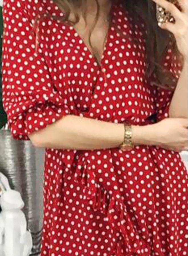 V-Neck Polka Dot Ruffles Dress Red/White - Image 3