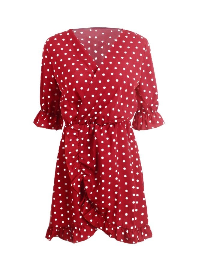 V-Neck Polka Dot Ruffles Dress Red/White - Image 4