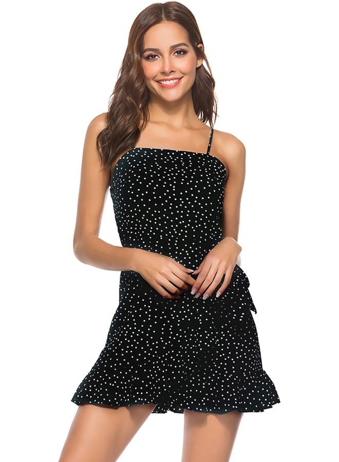 Square Neck Polka Dotted Ruffle Dress Black/White - Image 1