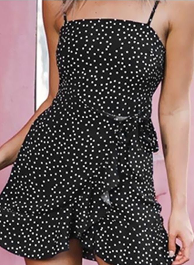 Square Neck Polka Dotted Ruffle Dress Black/White - Image 3