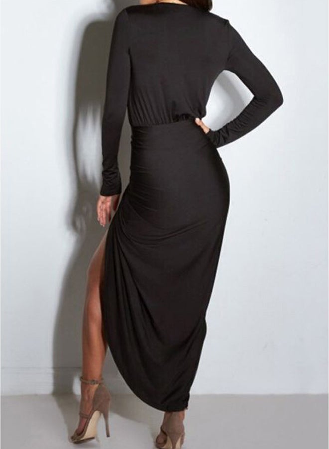 Plunge Neck Split Ruched Dress Black - Image 2