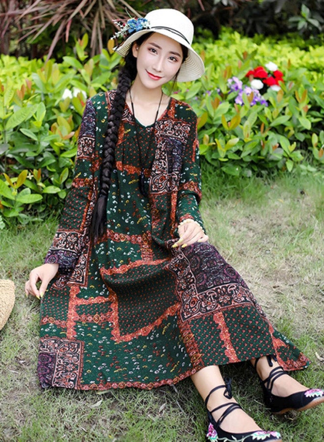 Generic Geometric Printed V-Neck Midi Dress Red/Green/Blue  - Image 5