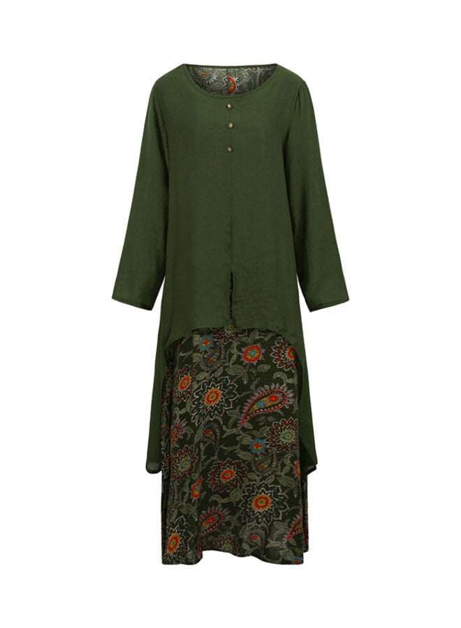 Printed Boat Neck Dress Green/Red - Image 1