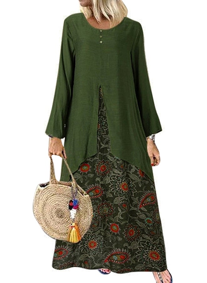 Printed Boat Neck Dress Green/Red - Image 4
