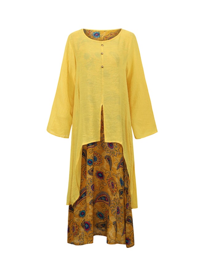 Printed Boat Neck Dress Yellow/Blue/Pink - Image 1