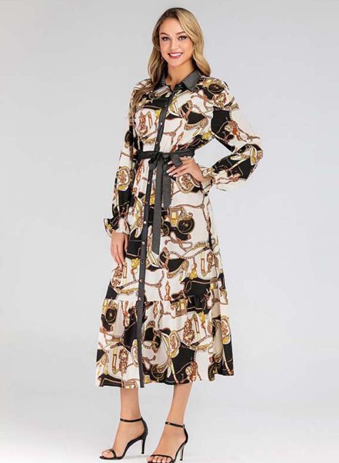 Generic Printed Coller Neck Belted Waist Midi Dress Black/Beige/Yellow  - Image 1