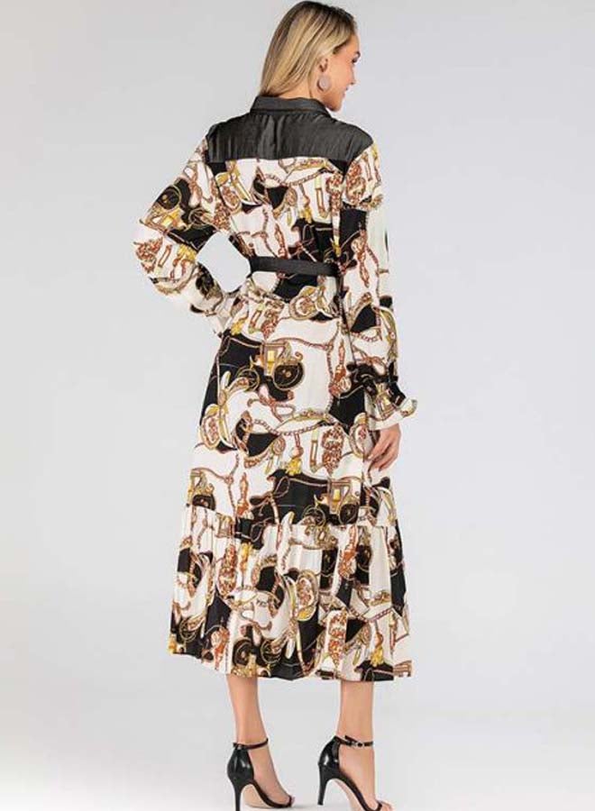 Generic Printed Coller Neck Belted Waist Midi Dress Black/Beige/Yellow  - Image 2