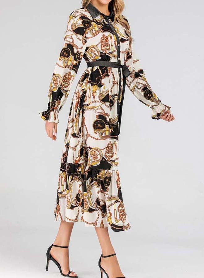 Generic Printed Coller Neck Belted Waist Midi Dress Black/Beige/Yellow  - Image 3