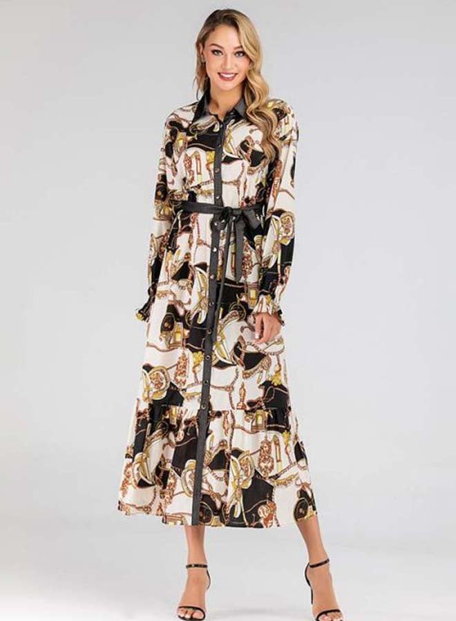 Generic Printed Coller Neck Belted Waist Midi Dress Black/Beige/Yellow  - Image 4