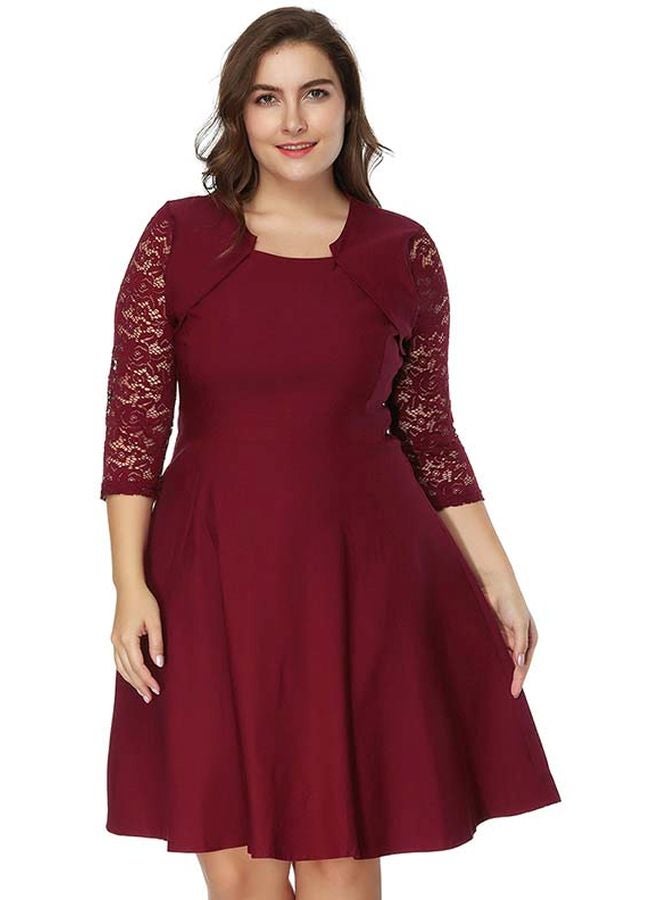 Generic Round Neck Lace Mini Dress Burgundy  - Image 1