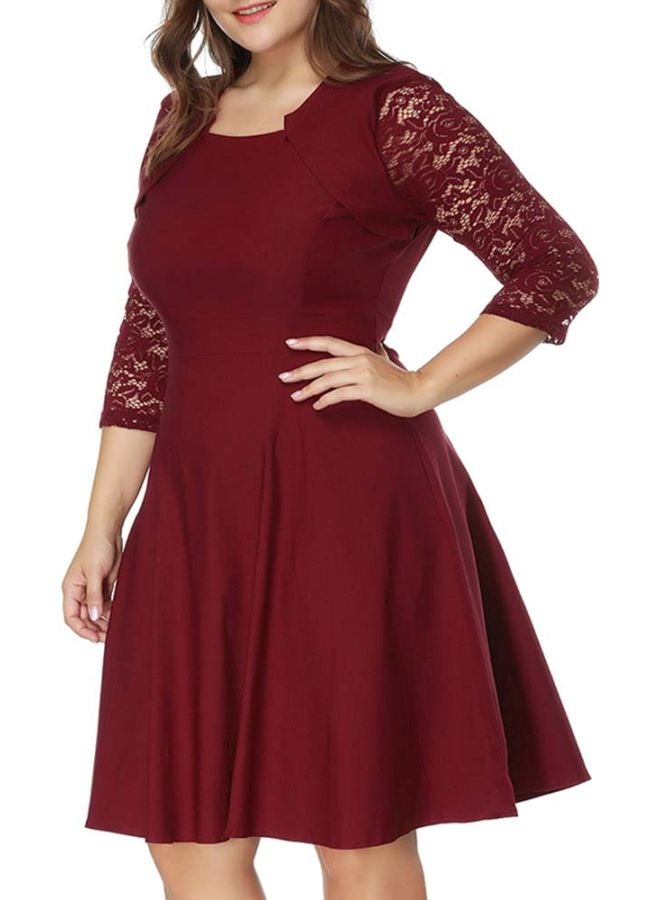 Generic Round Neck Lace Mini Dress Burgundy  - Image 3