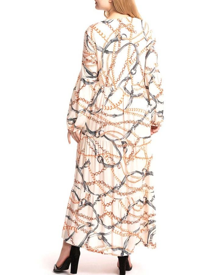 Generic Chain Printed Round Neck Maxi Dress Beige/Black/Gold  - Image 2