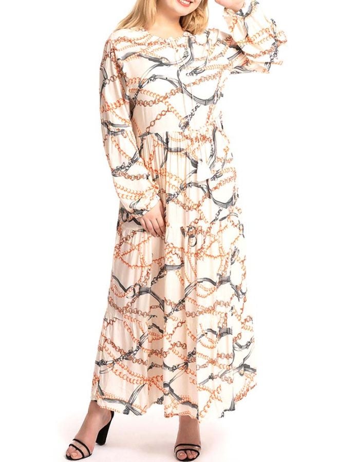 Generic Chain Printed Round Neck Maxi Dress Beige/Black/Gold  - Image 4