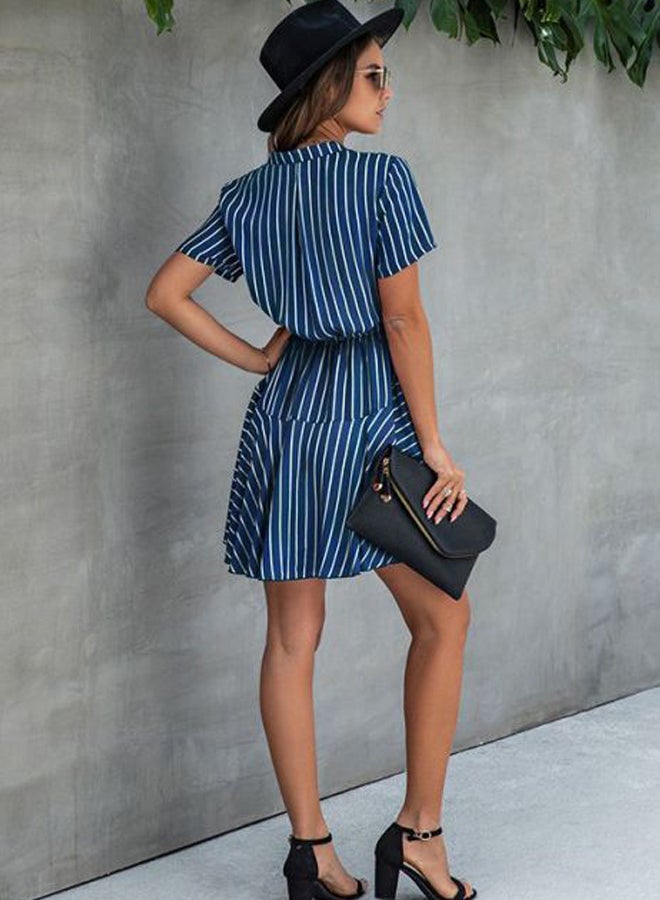Striped Button Sashes Mini Dress Dark Blue/White - Image 2