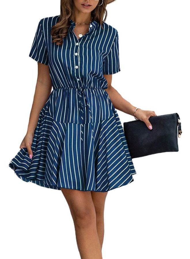 Striped Button Sashes Mini Dress Dark Blue/White - Image 3