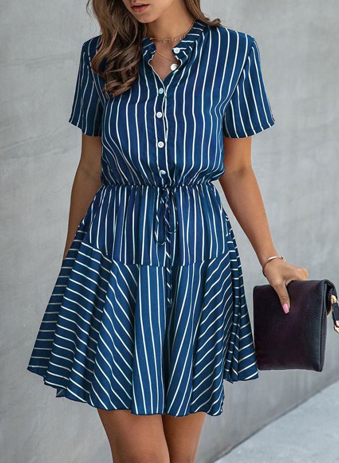 Striped Button Sashes Mini Dress Dark Blue/White - Image 4