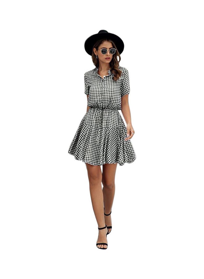 Dot Printed Buttons Sashes Mini Dress Black/White - Image 1