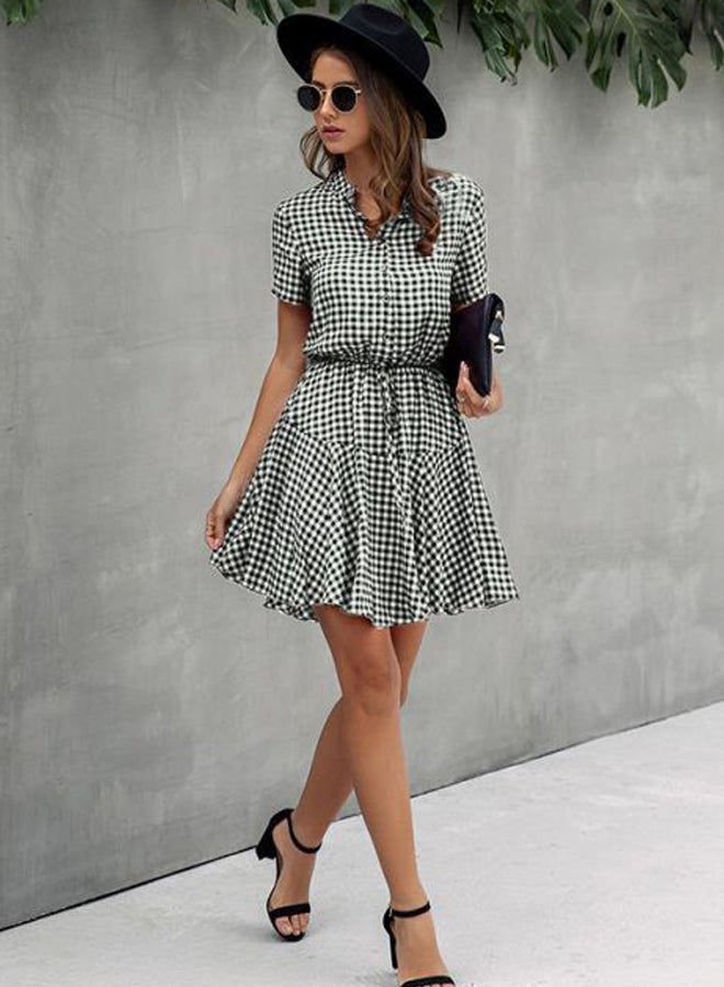Dot Printed Buttons Sashes Mini Dress Black/White - Image 2