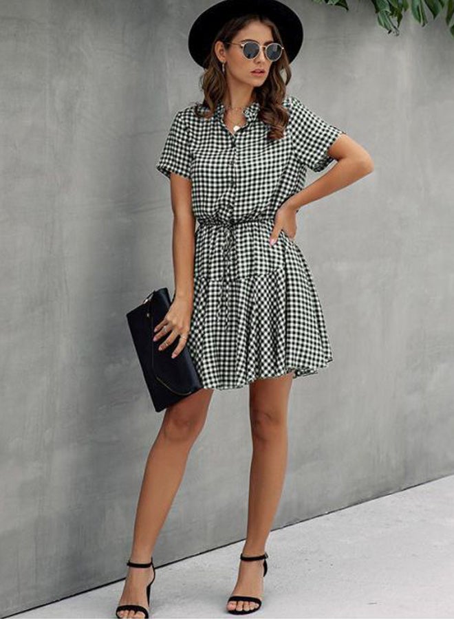 Dot Printed Buttons Sashes Mini Dress Black/White - Image 3