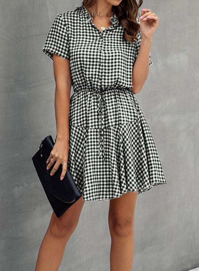 Dot Printed Buttons Sashes Mini Dress Black/White - Image 4