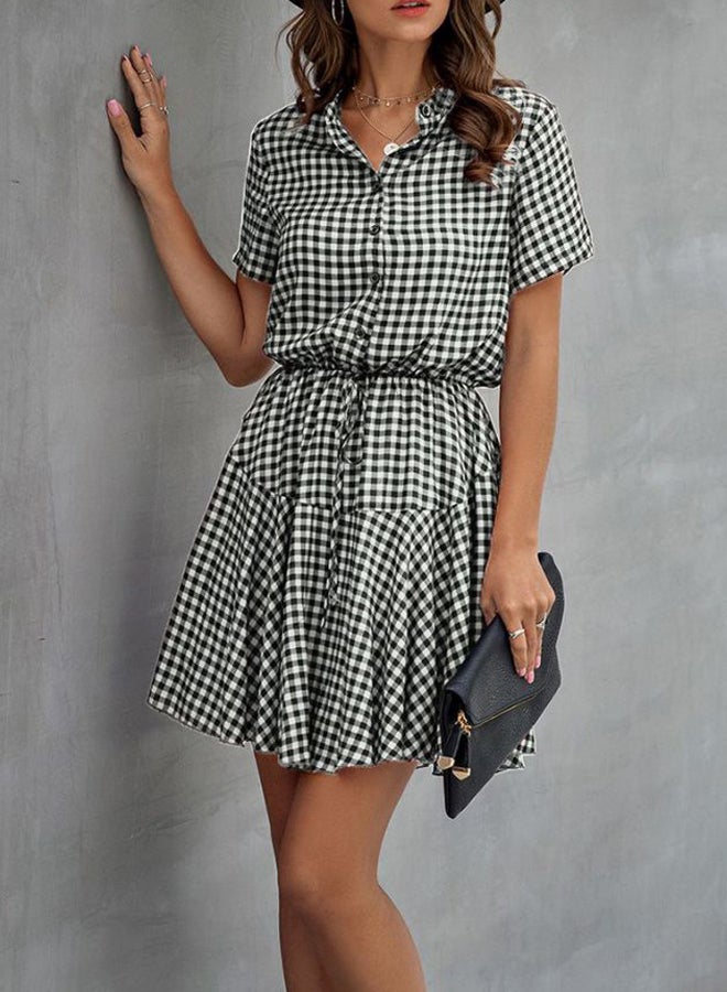 Dot Printed Buttons Sashes Mini Dress Black/White - Image 5