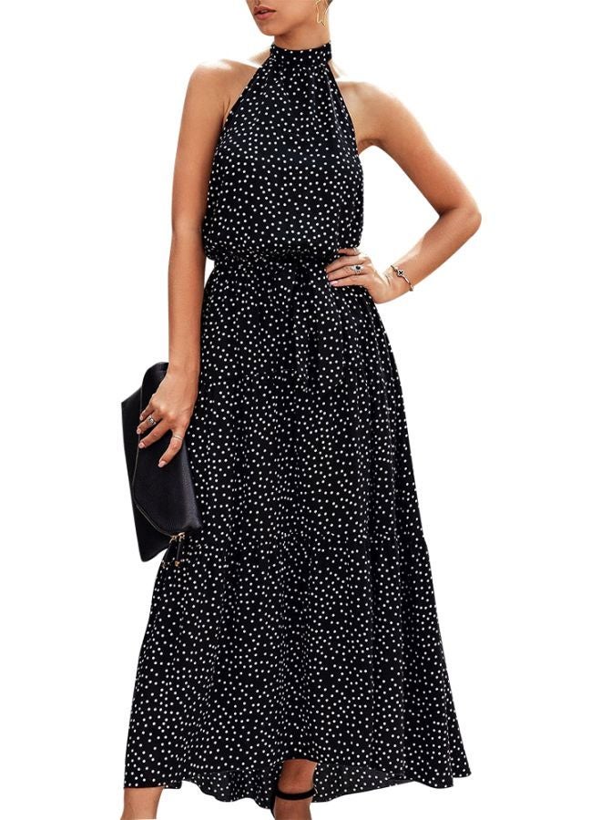 Polka Dot Printed Halter Neck Maxi Dress Black/White - Image 1