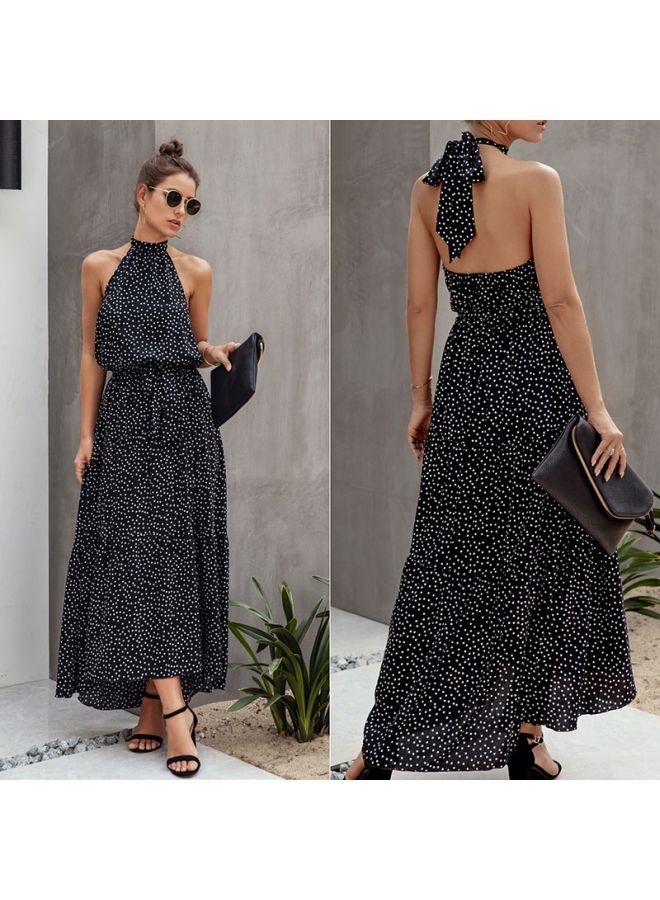 Polka Dot Printed Halter Neck Maxi Dress Black/White - Image 2