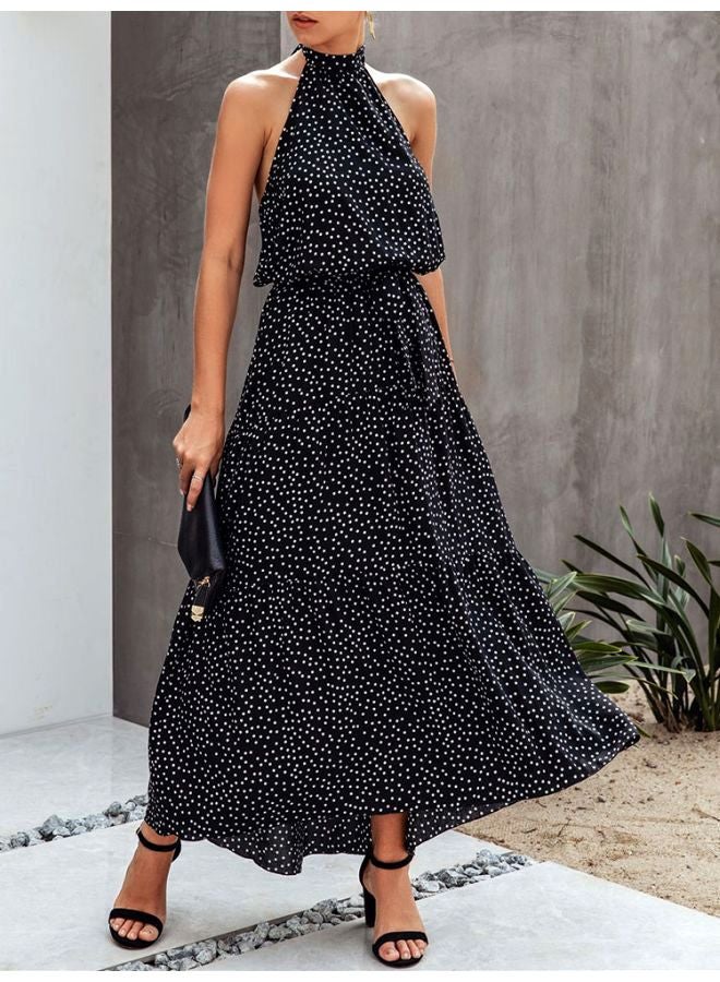 Polka Dot Printed Halter Neck Maxi Dress Black/White - Image 4