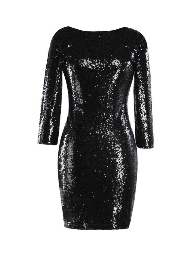 Round Neck Sequins Mini Dress Black - Image 1