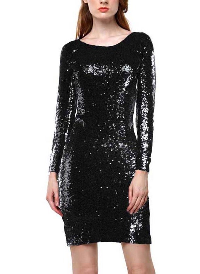 Round Neck Sequins Mini Dress Black - Image 3