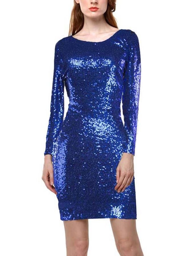 Round Neck Sequins Mini Dress Royal Blue - Image 1